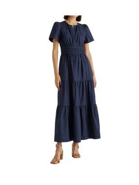 Quince 100% Organic Cotton Poplin Tiered Maxi Dress In Navy  Size L